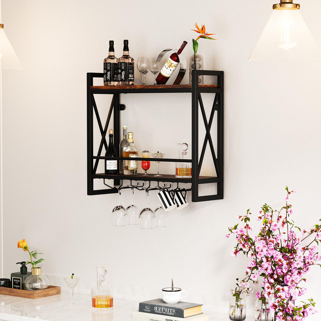 Giantex Industrial Wall Mounted Wine Rack, 2-Tier Metal Hanging Wine Bottle Glass Rack with 14-Bottle & 12-Mug Holders, Wall Wine Floating Shelves for Home Bar, Kitchen, Dining Room, Rustic Brown Giantex