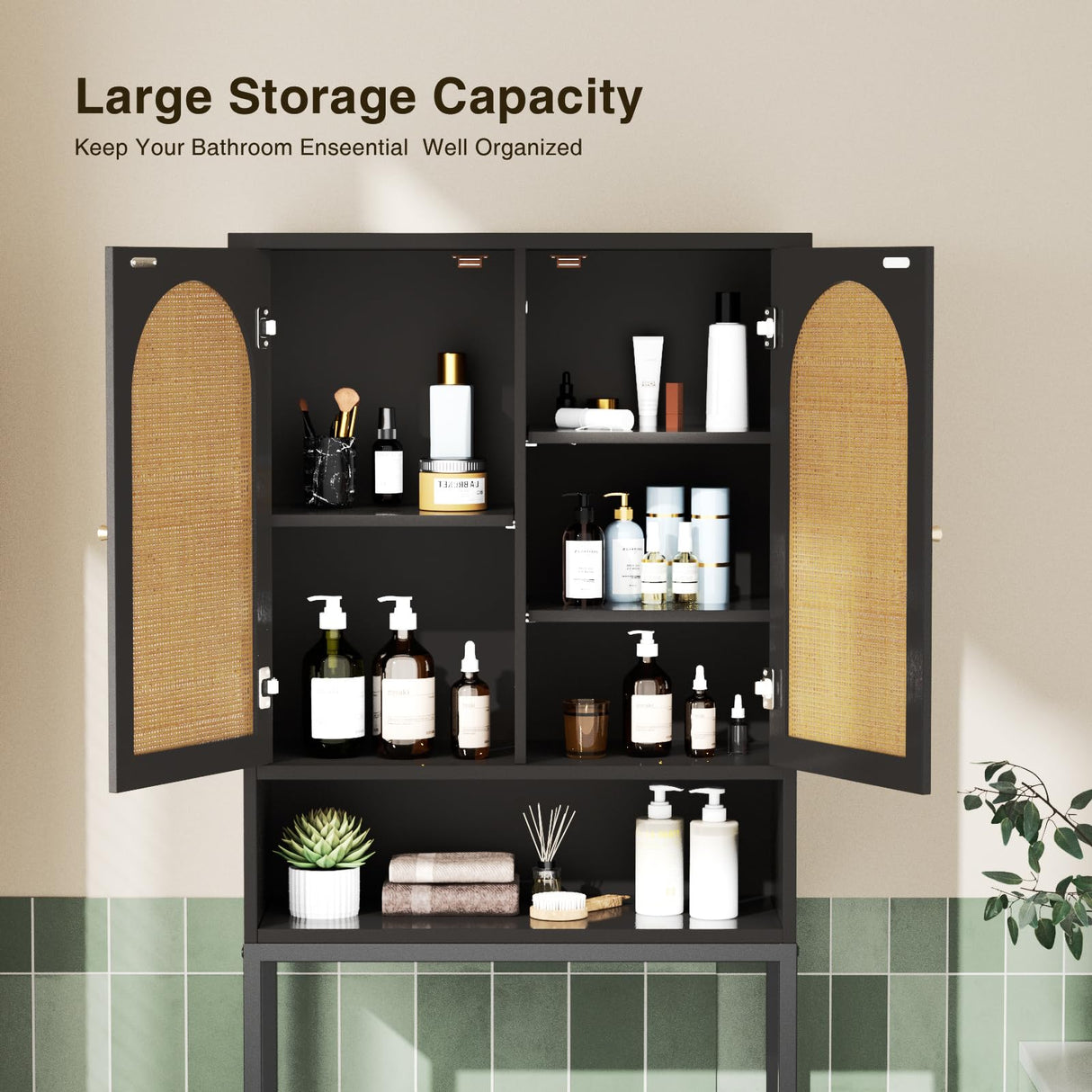 Rattan Door Black Toilet Storage Cabinet with Adjustable Shelf and Metal Stand Befrases