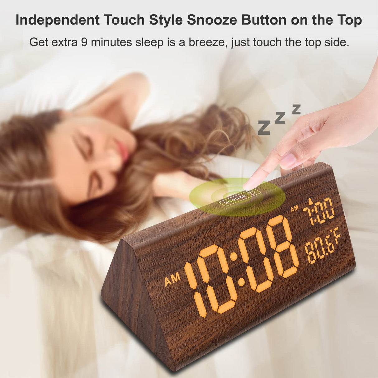 DreamSky Wooden Digital Alarm Clock for Bedroom - 7.7" Electric Clocks with USB Port, Large Numbers, Temperature, 0-100% Brightness Dimmer, Adjustable Alarm Volume, Snooze, 12/24H DreamSky