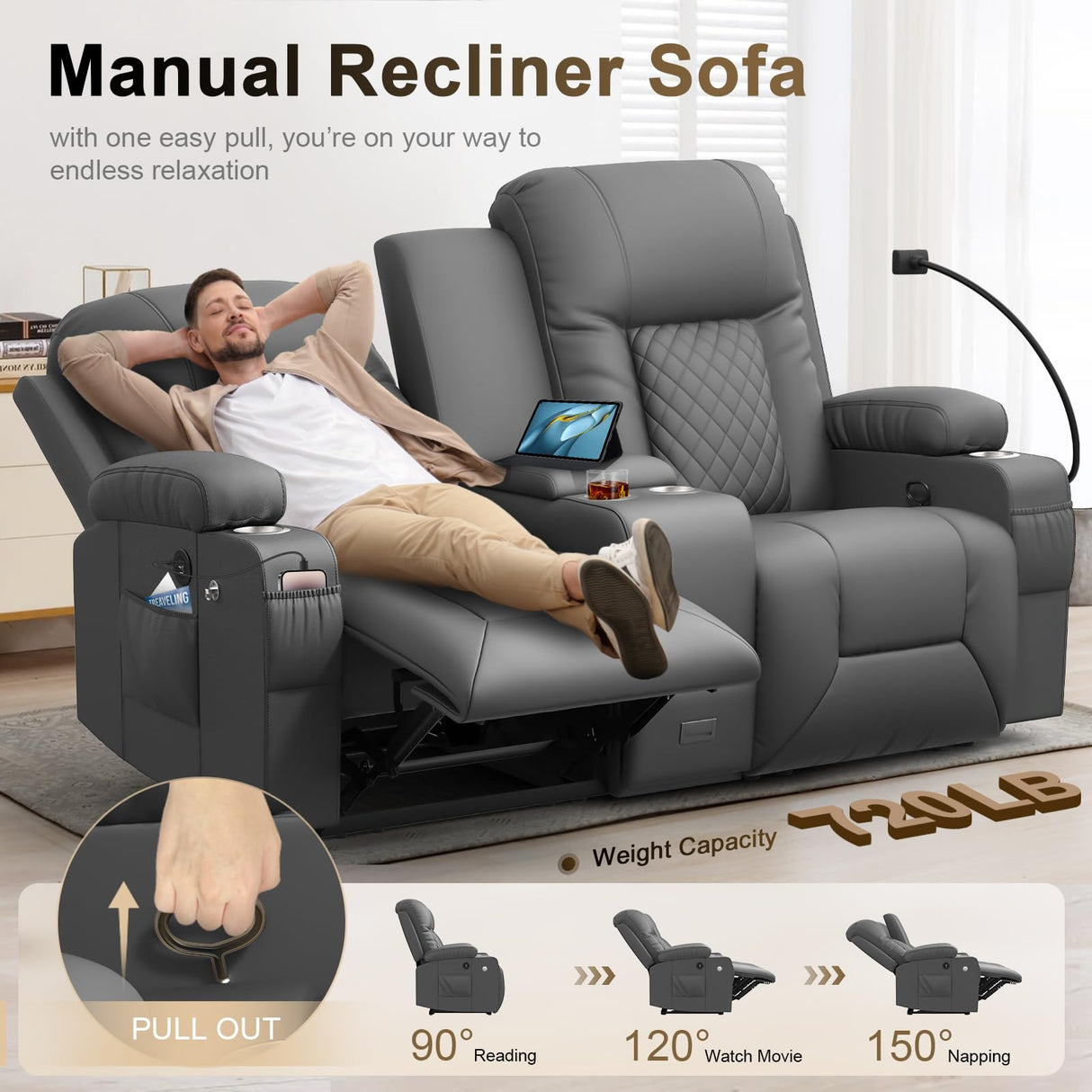 YONISEE Large Loveseat Recliner, Loveseat Recliner Sofa with Storage Console, Recliner Chair with USB Ports, 2 Cell Phone Holders, Cup Holder, Loveseat Couch for Living Room (Dark Gray) YONISEE