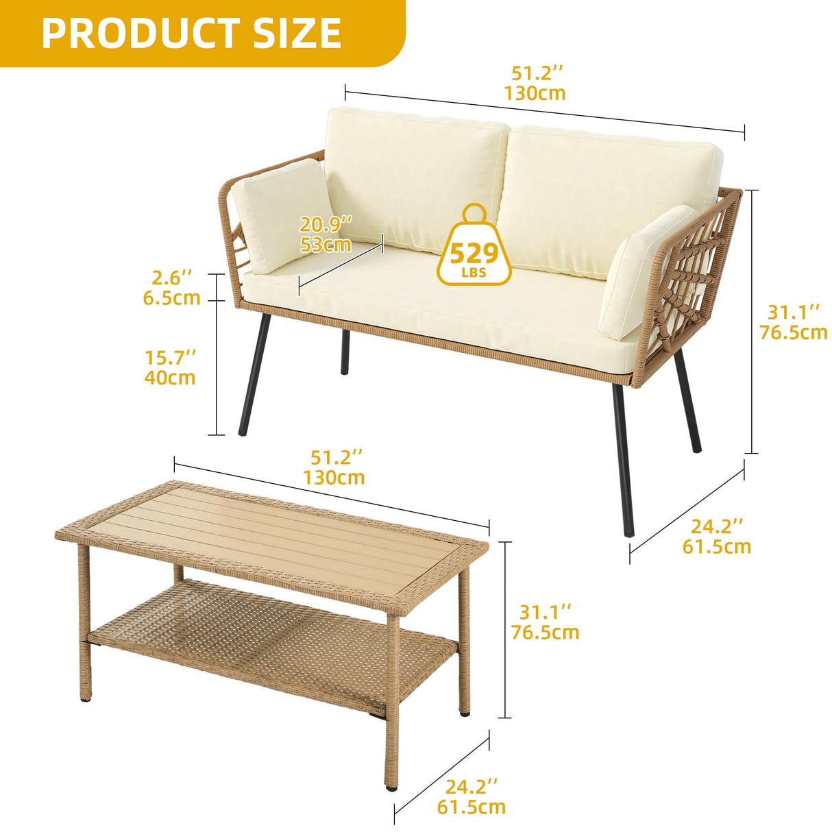 DWVO 2-Piece Patio Set, Wicker Loveseat with Plush Cushions & Rattan Side Table, All-Weather Outdoor Conversation Furniture for Balcony, Deck, Backyard, Poolside DWVO