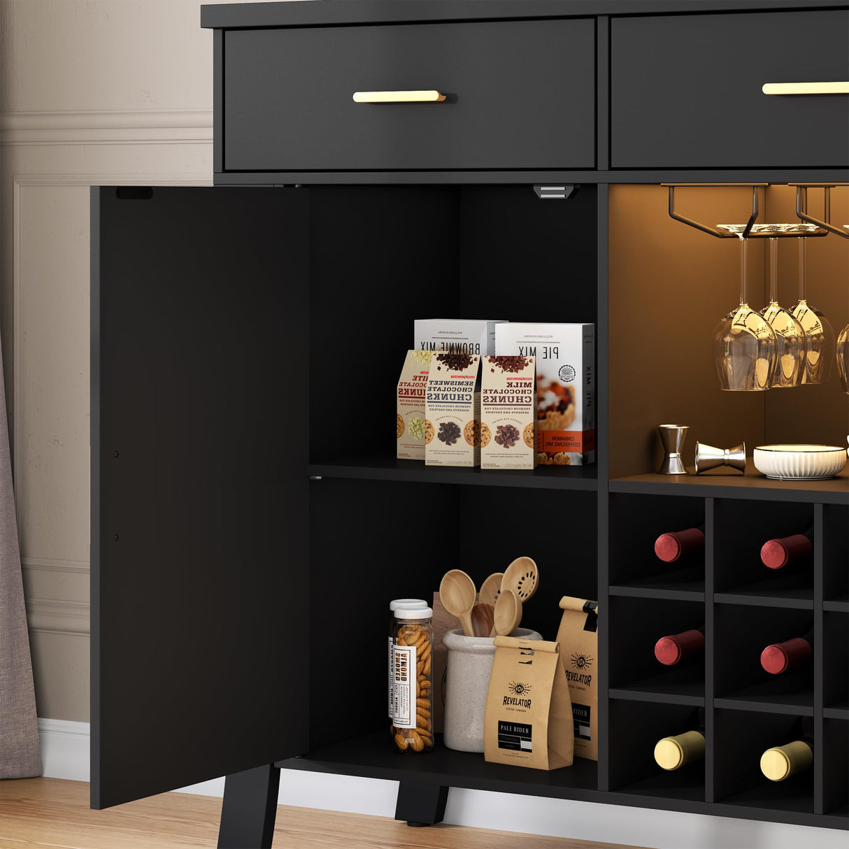 Wine Bar Cabinet with LED Light,Farmhous Liquor cabinet with Wine and Glass Rack,Coffee Station with Storage cabinet and 3 drawers,Buffet Sideboard with Arc Design for Kitchen,living room (Black) Gyfimoie