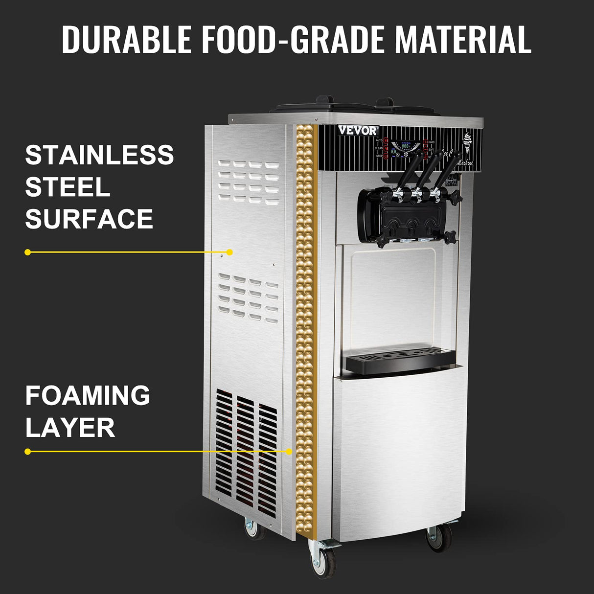 VEVOR Commercial Soft Ice Cream Machine, 2200W Serve Yogurt Maker, 3 Flavors Ice Cream Maker, 5.3 to 7.4 Gallons per Hour Auto Clean LCD Panel for Restaurants Snack Bars, Stainless Steel VEVOR