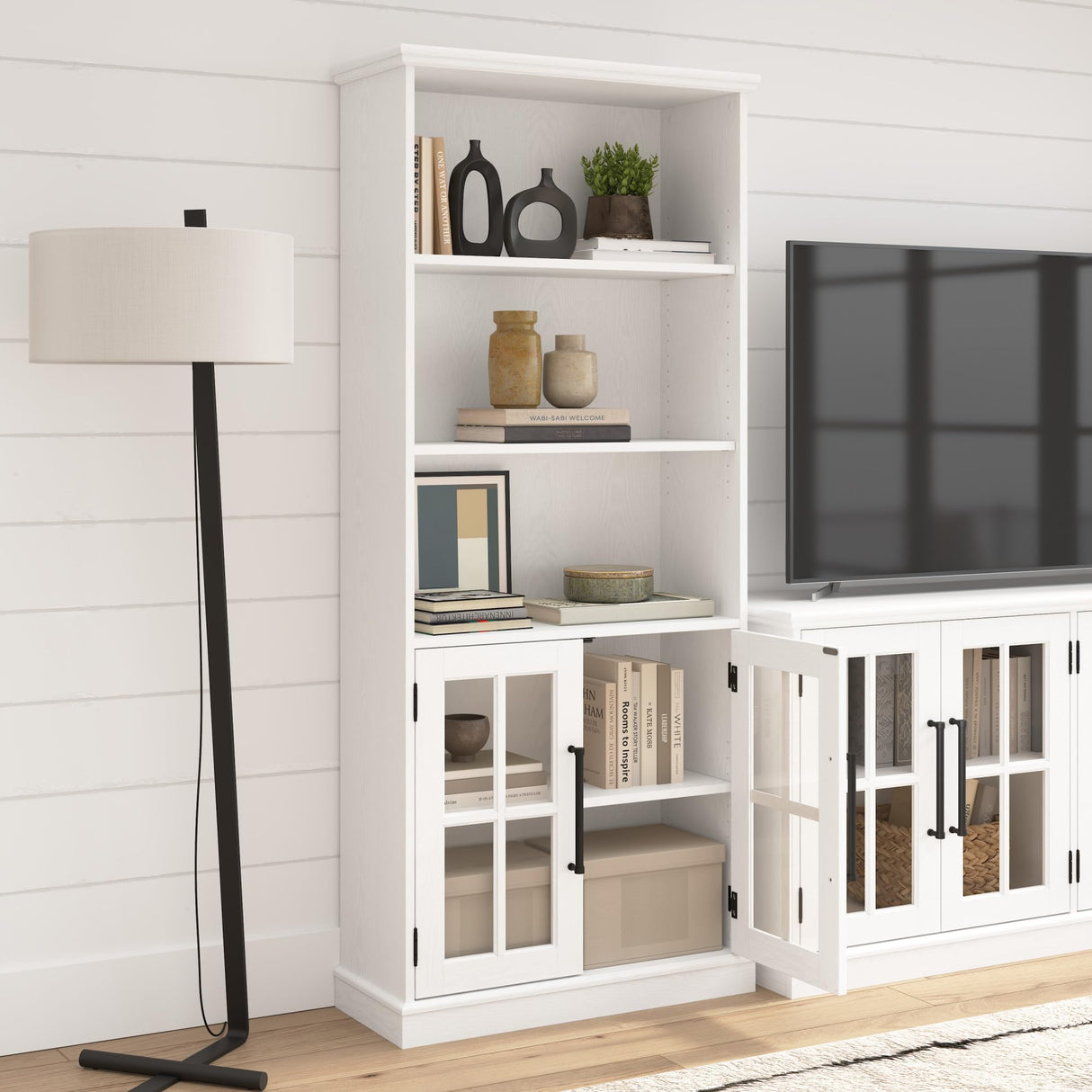 Bush Business Furniture Westbrook 5 Shelf Tall Bookcase with Glass Doors in White Ash Bush Business Furniture