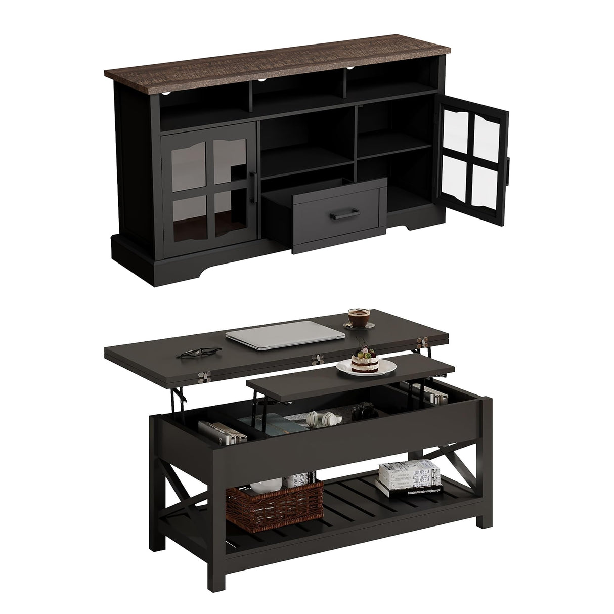ChooChoo 2-Piece Living Room Table Set - Includes TV Stand with Storage for 75" TV, Lift-top Coffee Table with Storage and Hidden Compartment, Black & Espresso ChooChoo