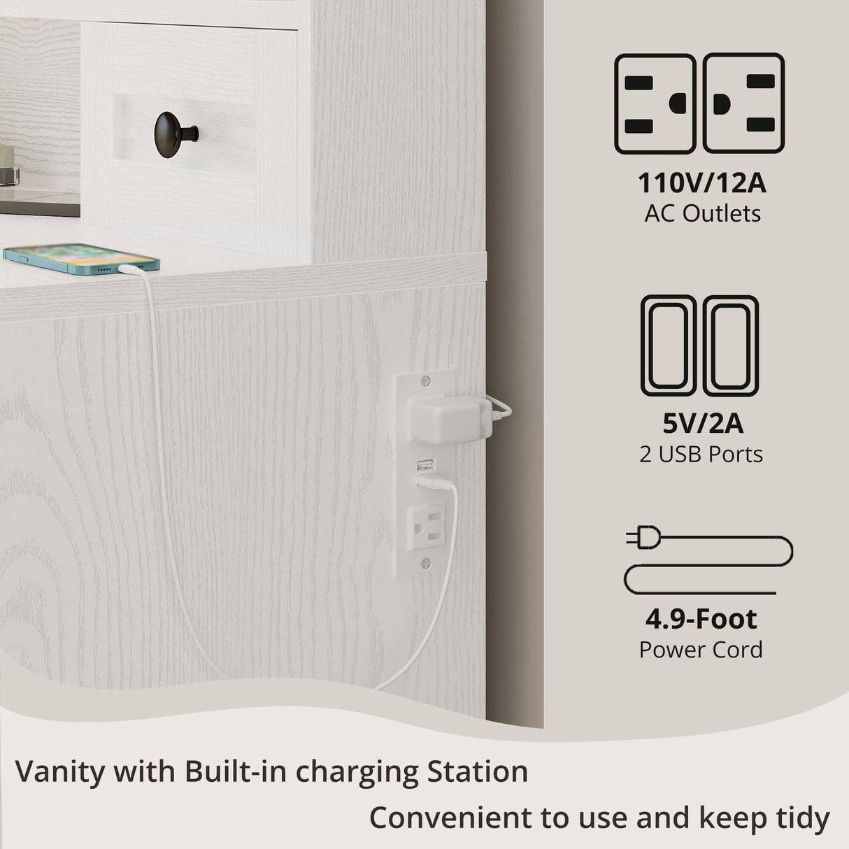 IRONCK Vanity Desk with LED Lighted Mirror, Large Storage Makeup Vanity Table with 5 Drawers, Cabinet, 7 Open Shelves, Power Outlet, Storage Stool, Bedroom, White IRONCK