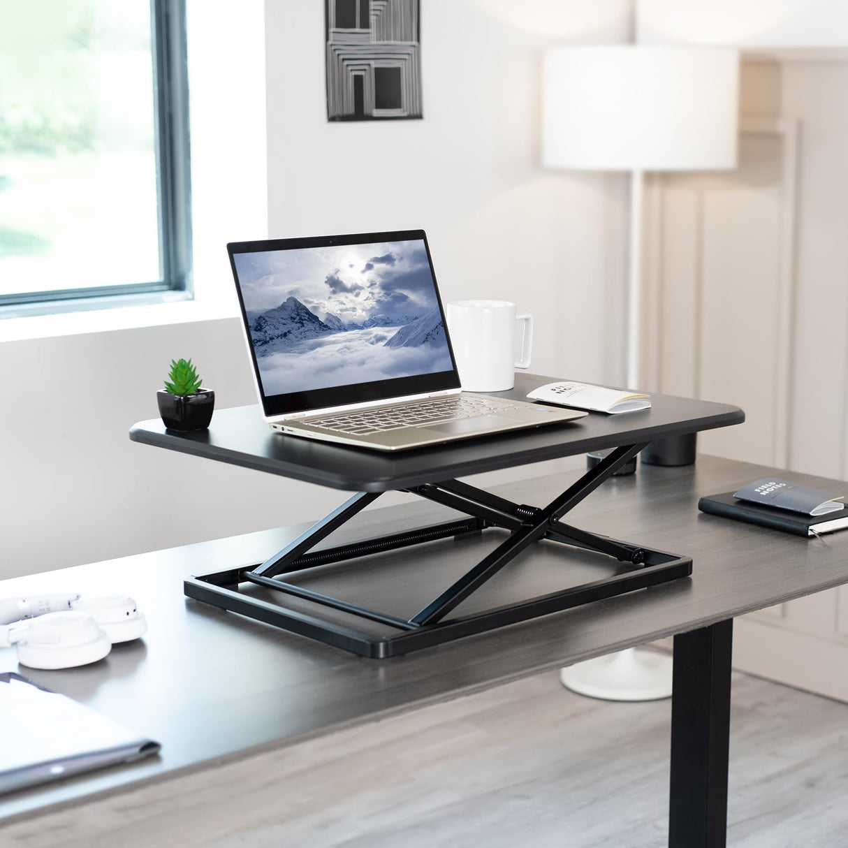 VIVO Ultra-Slim Single Top Height Adjustable Standing Desk Riser, Compact Sit Stand Desktop Converter for Monitor or Laptop, Black, DESK-V001J VIVO