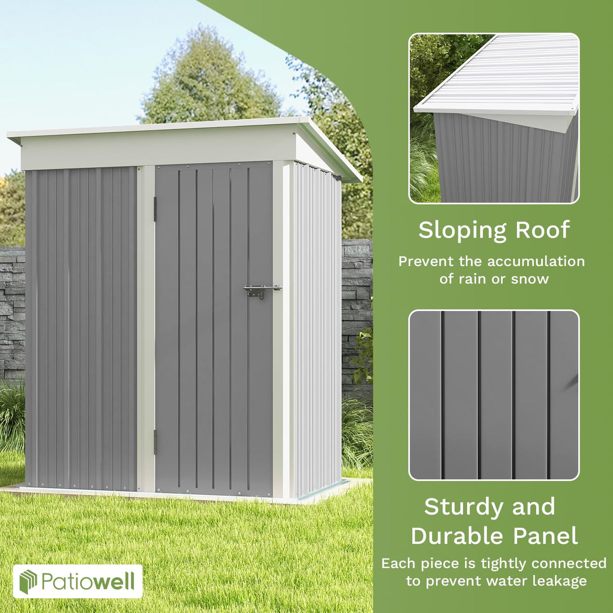 Patiowell 5x3 FT Outdoor Storage Shed, Garden Tool Shed with Sloping Roof and Lockable Door, Metal Shed for Backyard Garden Patio Lawn, Gray Patiowell