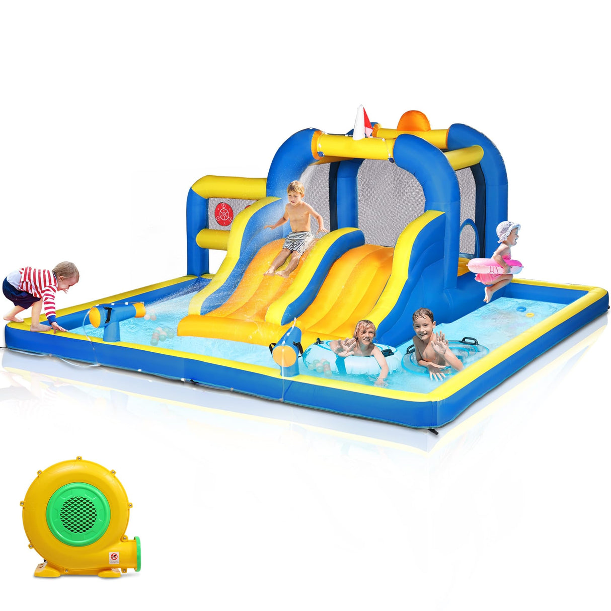 Ktaxon Inflatable Bounce House, Jumping Outdoor Air Castle Children Bouncer Double Water Slide with Air-Blower for Backyard, Park, Lawn (181" L x 181" W x 86.7" H) Ktaxon