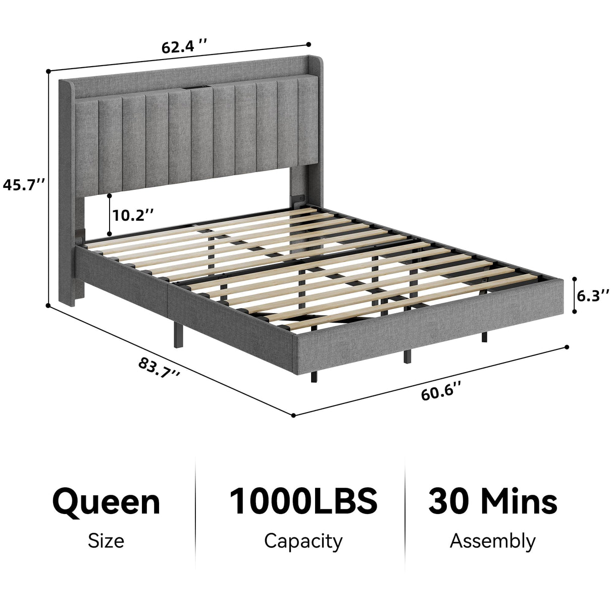 GarveeHome Queen Floating Upholstered Bed Frame with Charging Station, LED Lights & Storage Headboard in Grey GarveeHome