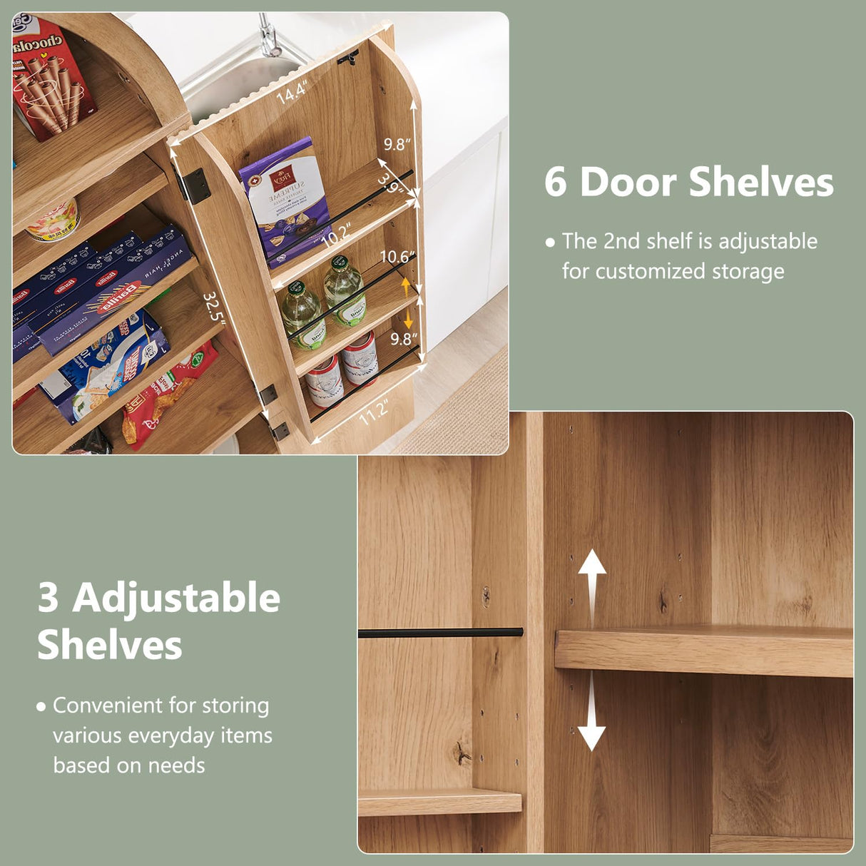 IFBUY 71" Tall Arched Bookcase with Doors, Morden Fluted Bookshelf with Storage & 3 Adjustable Shelves, 6 Door Shelves, Wooden Floor Standing Versatile Cupboard for Home Office, Living Room, Natural IFBUY