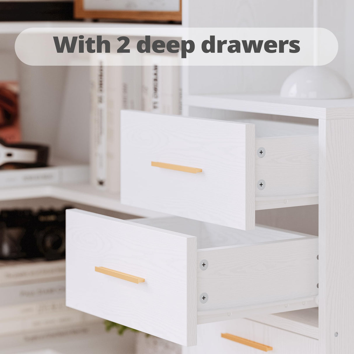 IRONCK Corner Bookshelf and Bookcase with 2 Drawer and 10 Open Shelves, 76.8" Height L Shaped Storage Shelf Corner Combination, for Living Room Home Office, Modern White IRONCK