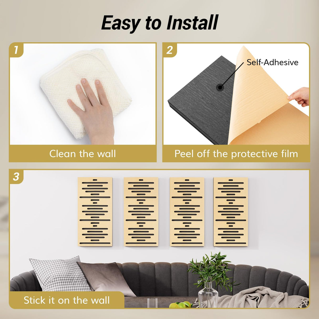 TONOR 4-Pack Acoustic Wood Wall Panels, 23.6” * 11.8” * 1.9” 3D Self-adhesive Wall Panel, Three-layer Soundproof Tiles for Echo Absorbtion, Acoustical Barrier of Polyester Fiber, wood, Burly Wood TONOR