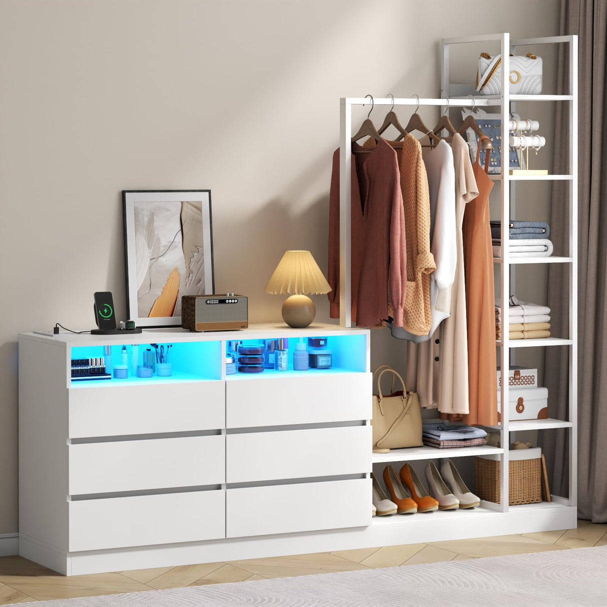 Loomie 6 Drawers Dresser with Hanging Rack & 6 Tiers Shelves, LED Dressers & Chests of Drawers with Power Outlet, 63" Wide Long 4 in 1 Storage Unit Dressers, Closet Dresser for Bedroom (White) Loomie