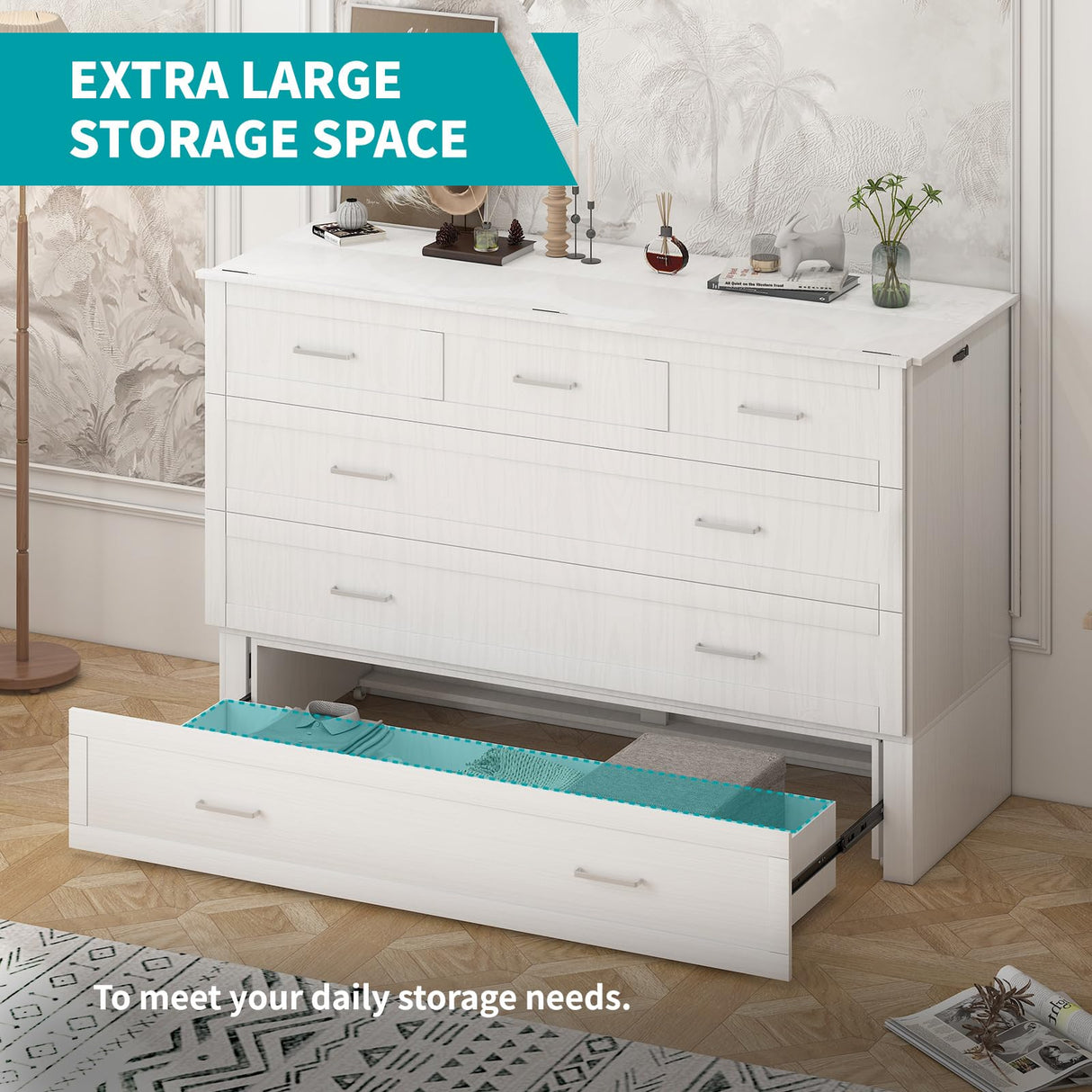 BALUS Murphy Cabinet Bed, Queen Murphy Bed with Charging Station, Tri-fold Memory Mattress, Storage Drawers, Space-Saving Wooden Folding Cube Chest Wall Beds for Living Room and Apartments White BALUS