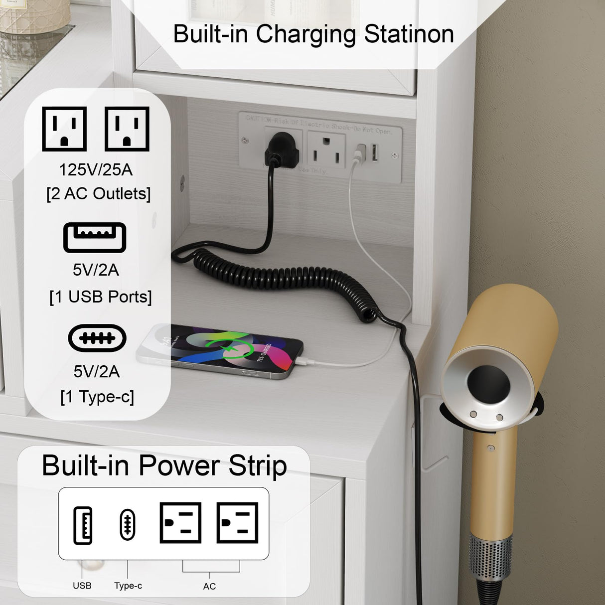 CollaredEagle 43" W Vanity Desk with Mirror & 11 Lights, 5 Drawer Modern Makeup Desk with Glass top & Cushioned Stool, 3 Lighting Modes Brightness Adjustable,Power Outlet,Bedroom,White CollaredEagle