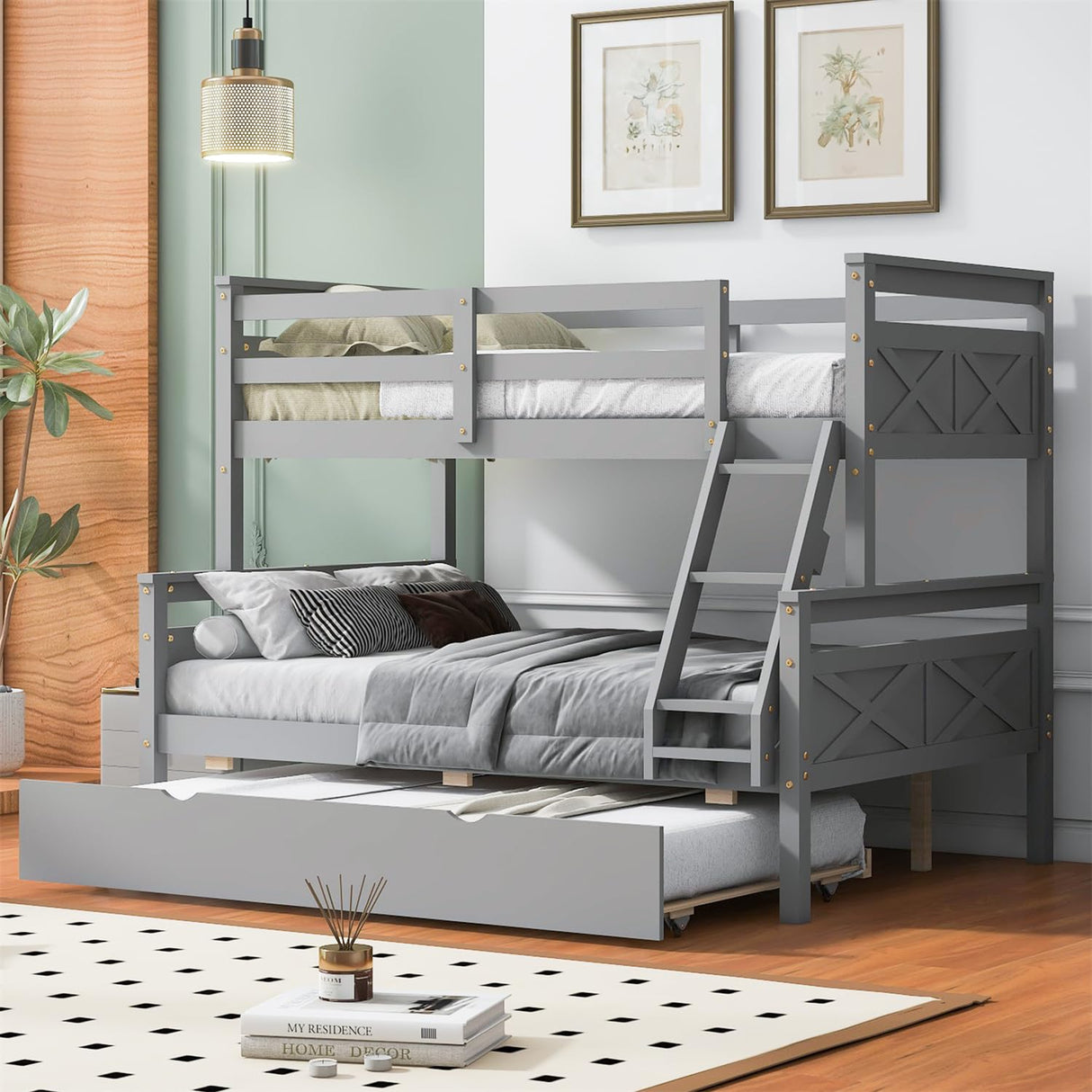 Merax Grey Twin Over Full Solid Wood Trundle Bunk Bed with Guardrail and Ladder Merax