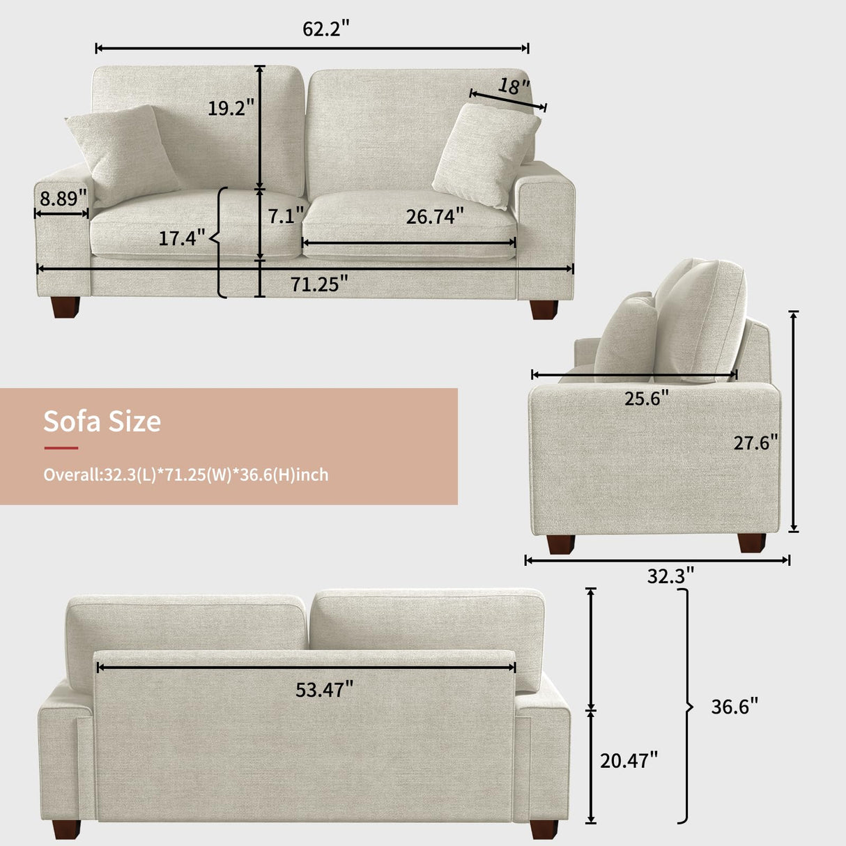 DOPEDIO Modern Living Room Chenille Recliner Sofa Small Sofa,loveseat Sofa,Removable Sofa Cover Space Spring Cushions and Solid Wood Frame, Easy to Install (71.25inch,Beige) DOPEDIO
