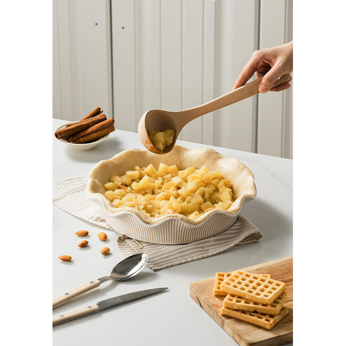 MIKIGEY Ceramic Deep Pie Pan for Baking, 11 inch Porcelain Pie Dish for Apple Pie, Oven & Dishwasher Safe, Farmhouse Decor, 48 Ounce Deep Plate for Kitchen, Non-Stick Pie Pans,Off-White MIKIGEY