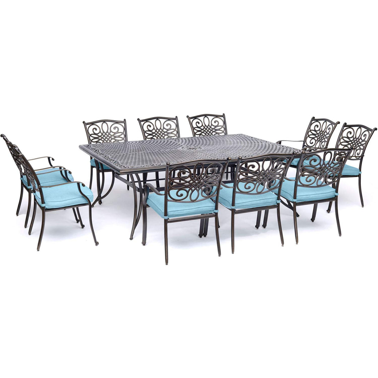 Hanover Traditions 11-Piece Patio Dining Set with 10 Stationary Chairs, Plush Blue Cushions, and Extra Large Dining Table, Patio Dining Set for 10, All-Weather Rust-Resistant Luxury Outdoor Dining Set Hanover