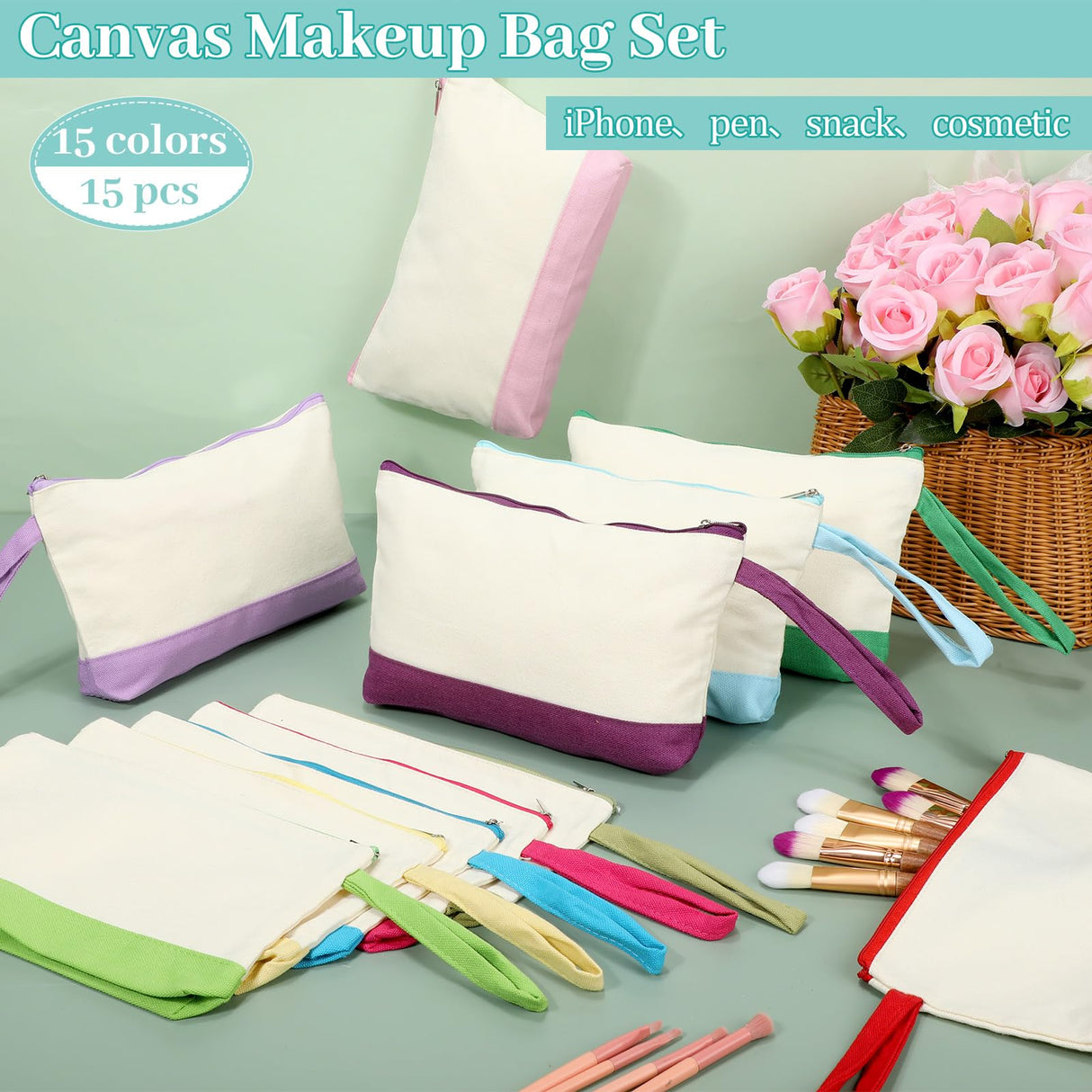 Silkfly 15 Pcs Cotton Canvas Makeup Bags Canvas Cosmetic Bag 10.2 x 5.5 x 2 Inches Two Tone Makeup Bags Bulk with Zipper Blank DIY Pouch with Bottom Travel Toiletry Pouch for Women (Classic) Silkfly