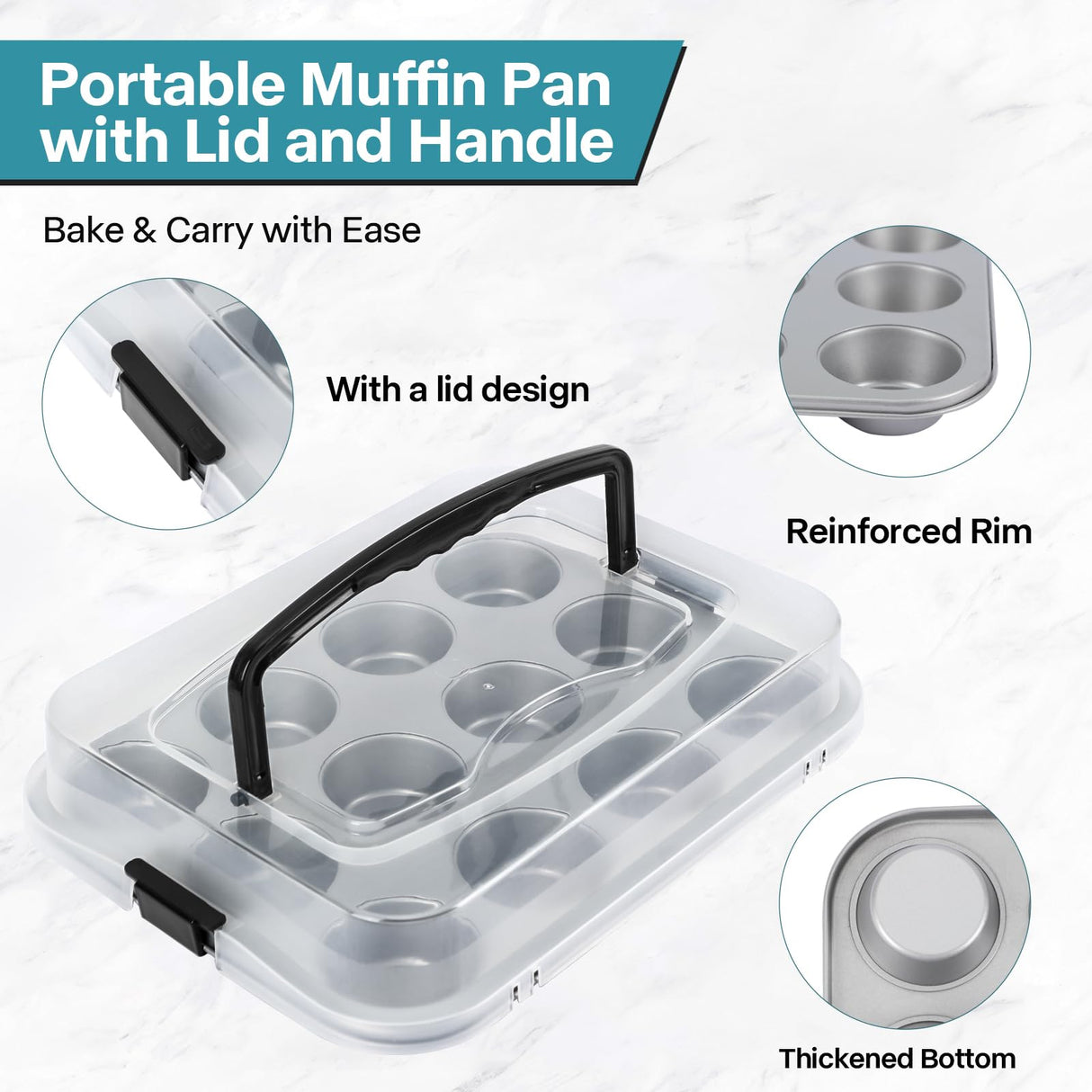 Spmarkt 2-Pack Muffin Pan with Carry Lid, Non-Stick 12-Cup Muffin Tin, Silver Cupcake Pan with Lid and Handle for Transporting, Suitable for Party, Holiday, Gathering etc Spmarkt