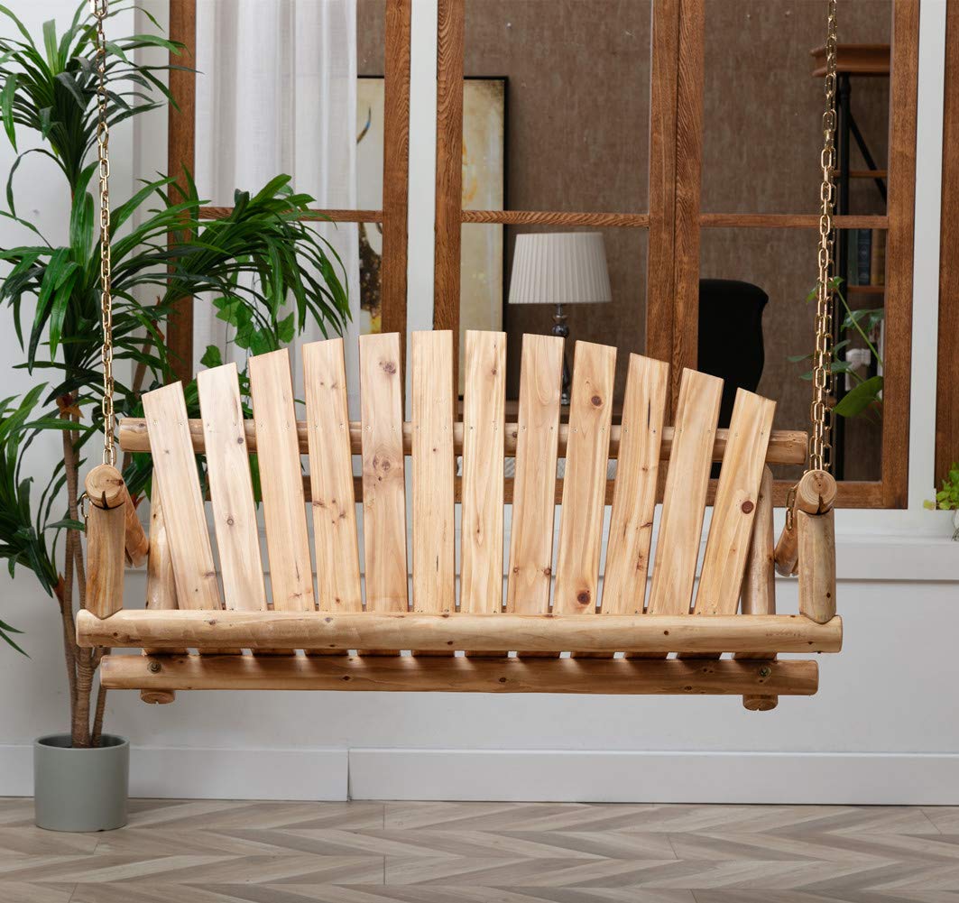 Outdoor Porch Swing Front Porch Hanging Wooden Bench Swing 2 Seat Chair for Garden, Patio, Backyard, Playground, Log Wood 800Lbs, 4 Ft, Brown Anraja