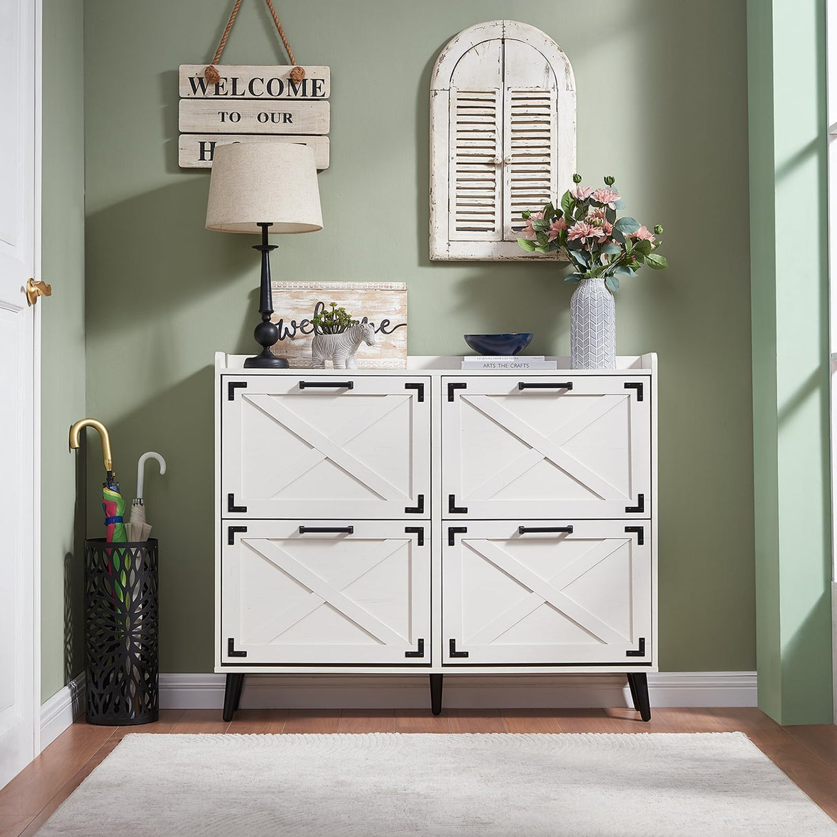 Barnyatoh Shoe Storage Cabinet,Farmhouse Shoe Organizer with 4 Flip Drawers & Barn Door Design,Freestanding Hidden Slim Narrow Shoe Rack Cabinet for Entryway,Foyer,Hallway,Antique White Barnyatoh