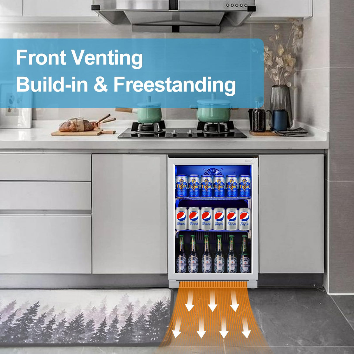 Weili 20 Inch Built in Beverage Fridge with Glass Door, 120 Can Under Counter Soda Beer Drink Refrigerator with Blue LED Light for Home Office or Bar, 36-50°F Auto Defrost Weili