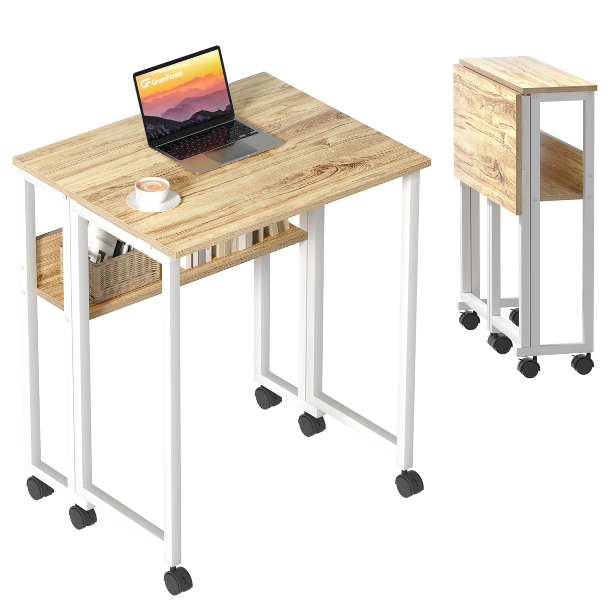 GreenForest Folding Desk Small Rolling Desk with Storage Shelf,24.8 inch Foldable Computer Desk with Wheels for Small Space,Easy Assembly,Oak GreenForest