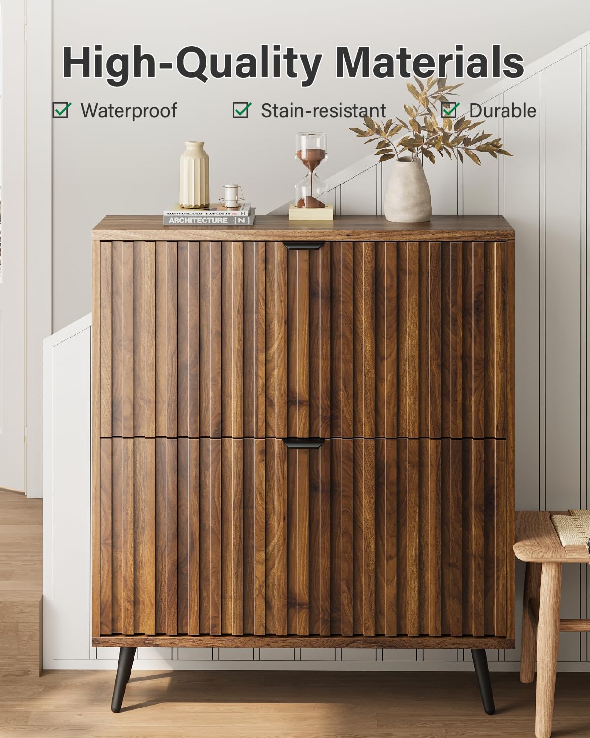 Shoe Storage Cabinet, Fluted Shoe Cabinet Storage for Entryway, Walnut Hidden Shoe Cabinet with Metal Legs,Shoe Organizer Cabinet with Flip Doors, Slim Entryway Shoe Storage Cabinet (31.5in) Smart FENDEE