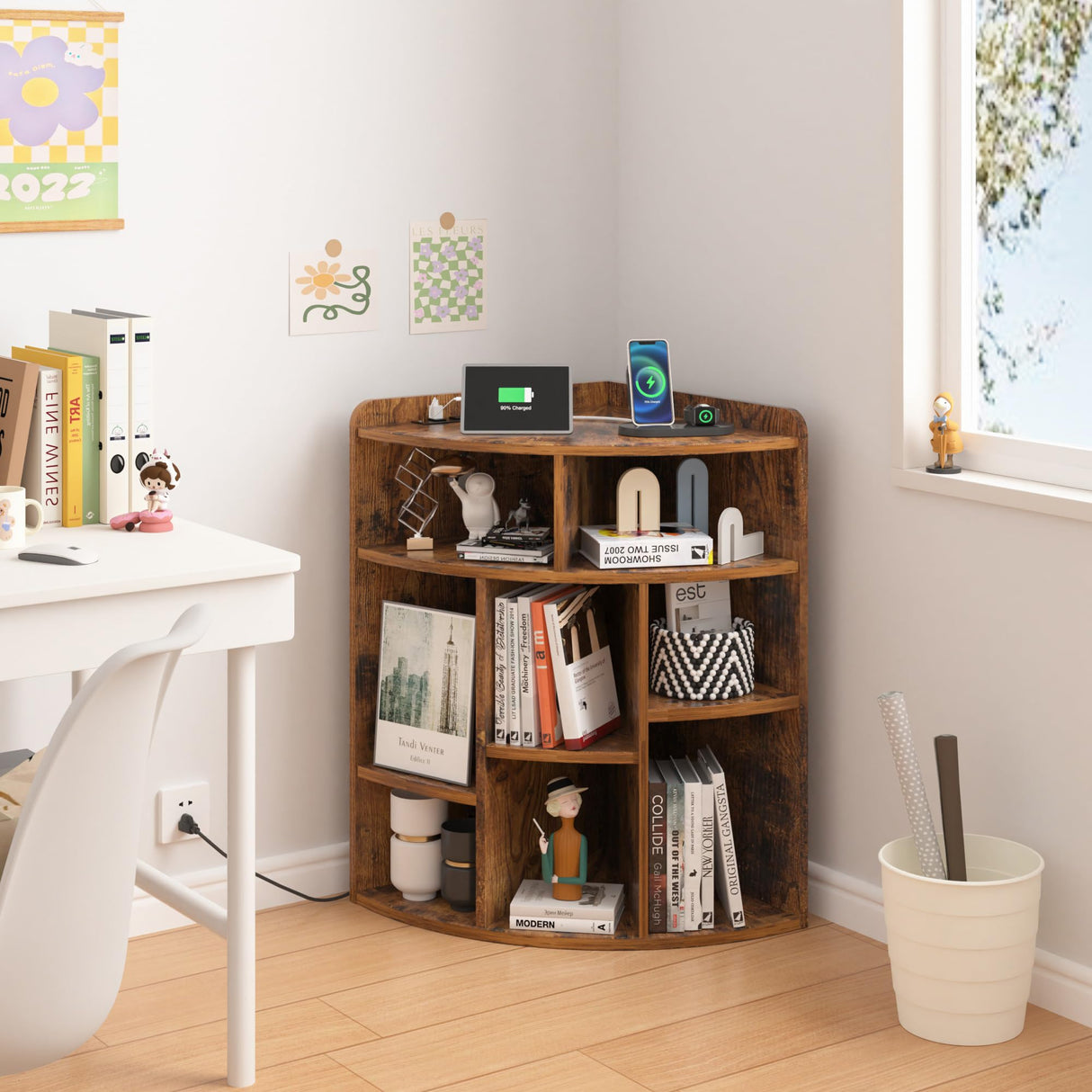 VECELO Corner Cube Shelf with USB Ports & Outlets, Modern Corner Toy Storage Rack with Adjustable Shlef, Wooden Display Bookshelf Bookcase for Living Room, Bedroom, Dining Room, Kitchen, Brown VECELO