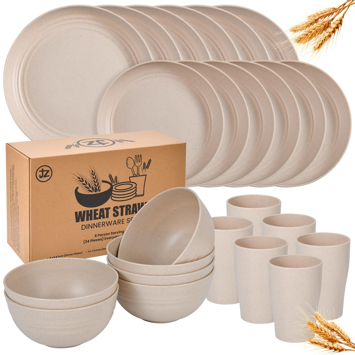 24 - Piece Wheat Straw Dinnerware Set - Plates and Bowls for 6, Unbreakable, Dishwasher & Microwave Safe, Reusable, Lightweight Tableware, Ideal for Camping and Everyday Use (Beige) JZ