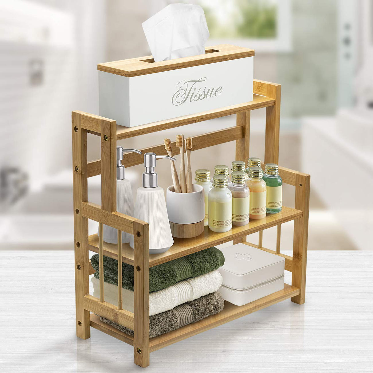Sorbus Kitchen Countertop Organizer Bamboo Wooden Counter Storage Shelf Rack for Spice, Soap, Skin Care, Makeup Display Stand, Bathroom Shelves, Vanity, Office (3-Tier) Sorbus
