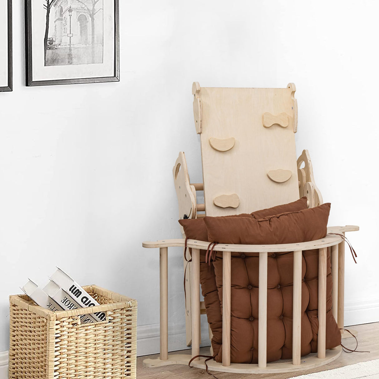 NEOCOZY Pikler Triangle Set with Cushion, Arch and Slide, Toddler Climbing Toys Indoor Playground, Montessori Climbing Set, Indoor Jungle Gym, Wooden Pickler-3 Piece Climbing Gym for Kids 1-4yr NEOCOZY