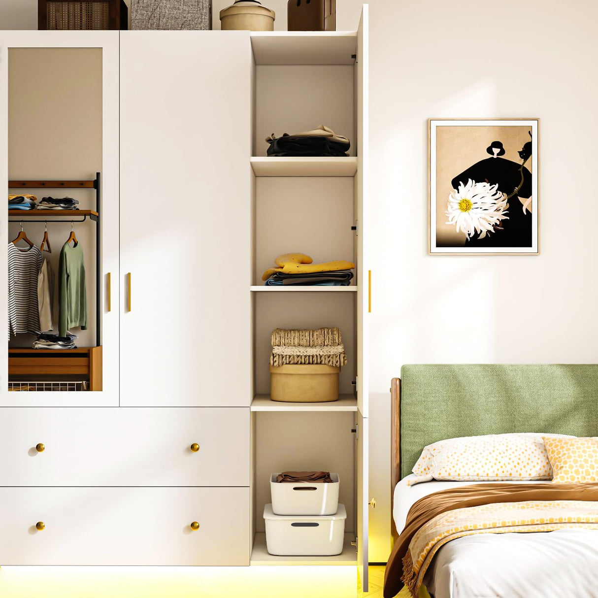 DalyLuxa 3 Doors Armoire Wardrobe Closet with Mirror & Organizers, LED Wooden Bedroom Armoires with Hanging Rod for Bedroom, White DalyLuxa