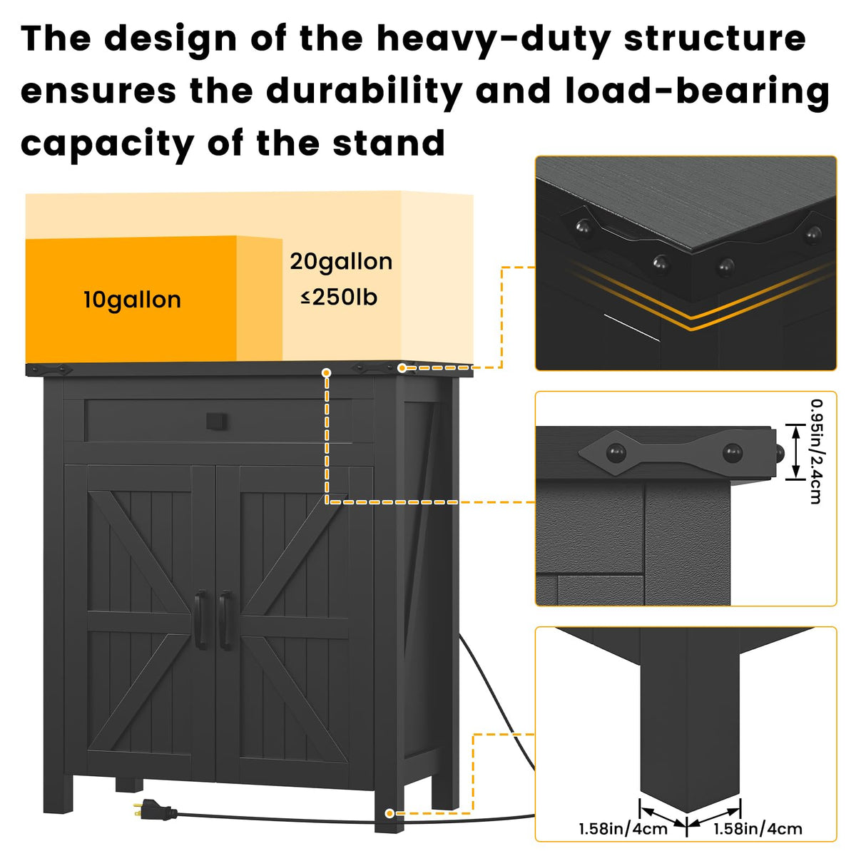 Saudism 20 Gallon Aquarium Stand With Charging Station, Farmhouse Fish Tank Stand, Reptile Tank Stand Terrarium Stand with Drawer and Cabinet Storage, Sturdy Heavy Duty 27.6"×15.7" Tabletop - Black Saudism