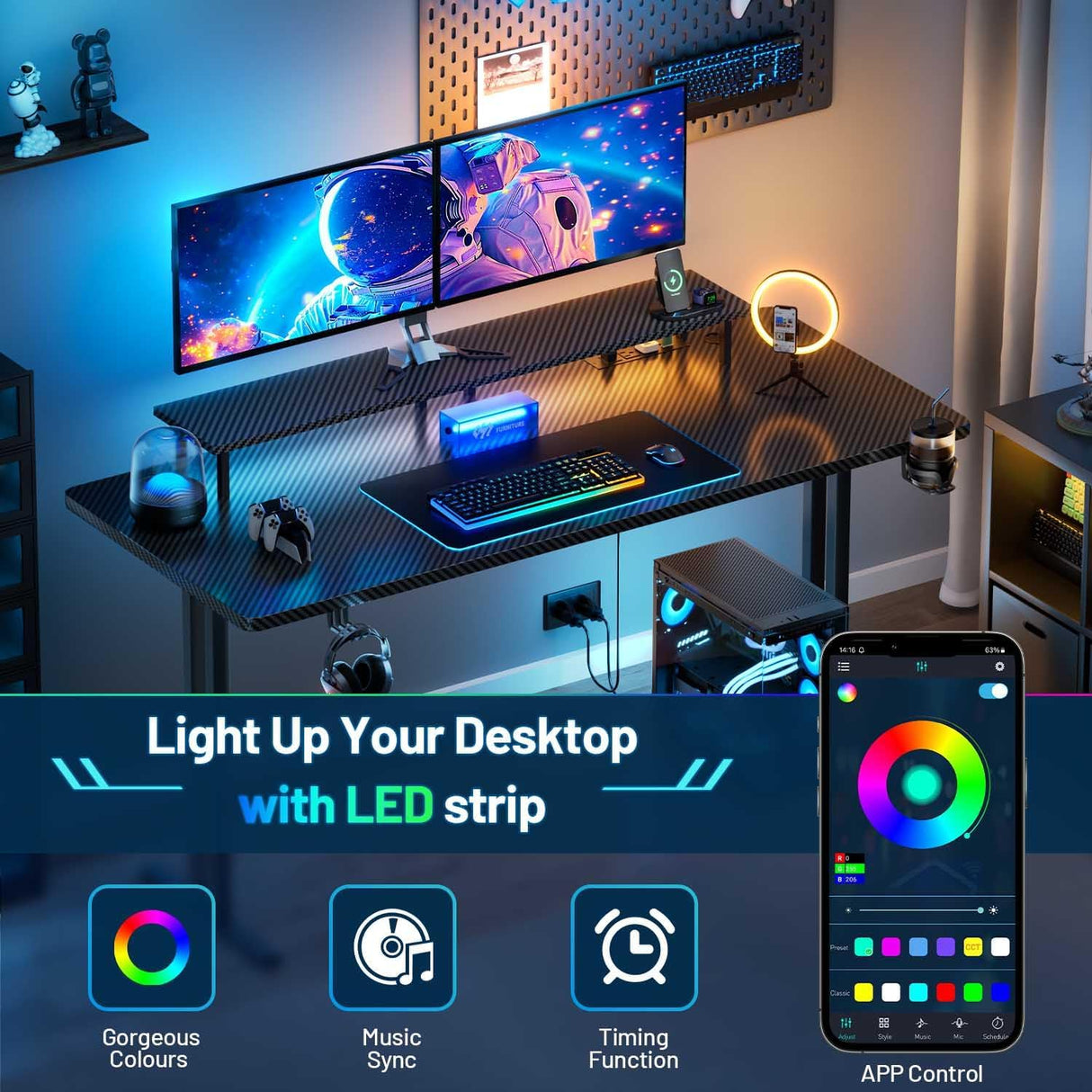 HLDIRECT 47 Inch Gaming Desk with LED Lights & Power Outlet, Computer Gamer Desk with Monitor Stand, Ergonomic Carbon Fiber Gaming Table Home Office Desk with Cup Holder, Headphone Hook & Mouse Pad HLDIRECT