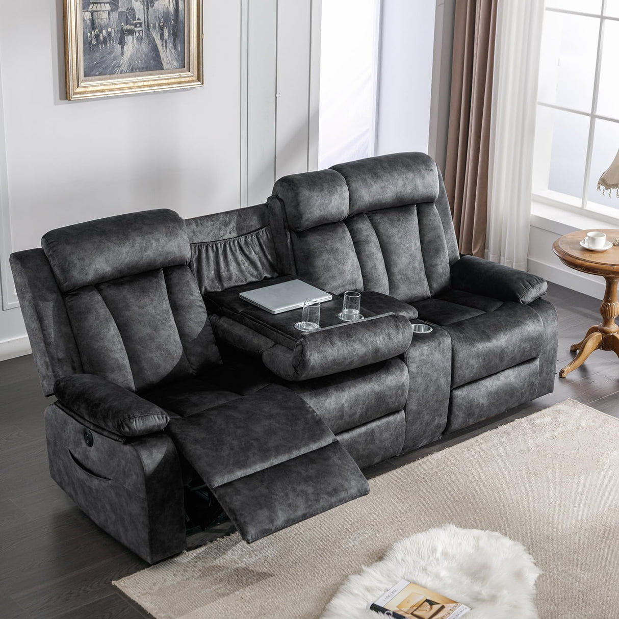 GUEAPY 3 Seater Recliner Sofa Reclining Loveseat with Console Power Reclining Sofa with Heat and Massage, Cup Holders, USB & Type-C Charge Ports for Living Room (Grey) GUEAPY