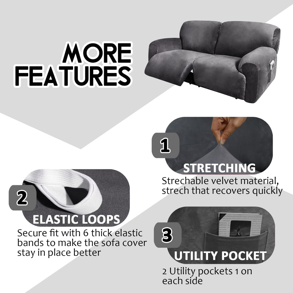 ULTICOR Extra Wide 75-100" 2 Seater Reclining Sofa Slipcover, Velvet Stretch 6-Piece, Soft Washable (Dark Grey) ULTICOR