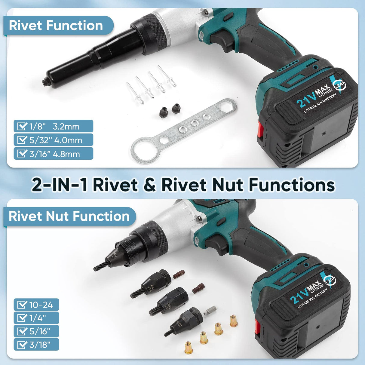 2-IN-1 Cordless Rivet Nut Gun Set (10-24 & 1/4 & 5/16 & 3/8), Portable Battery Powered Pop Rivet Insert Installation Tool Automatic Manual Range Memory Mode Electric Assembly Nutsert Gun 4pcs Adapter WonVon