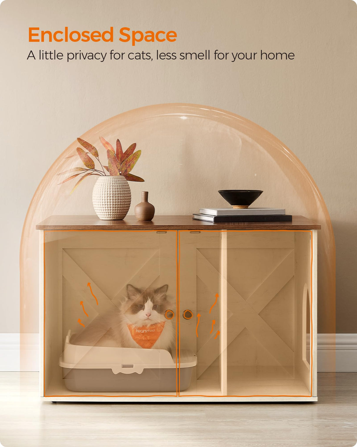 Feandrea Cat Litter Box Enclosure, Litter Box Furniture Hidden with Removable Divider, Indoor Cat House, End Table, 31.5 x 20.9 x 19.7 Inches, Honey Brown and Rustic White UPCL002P01 Feandrea