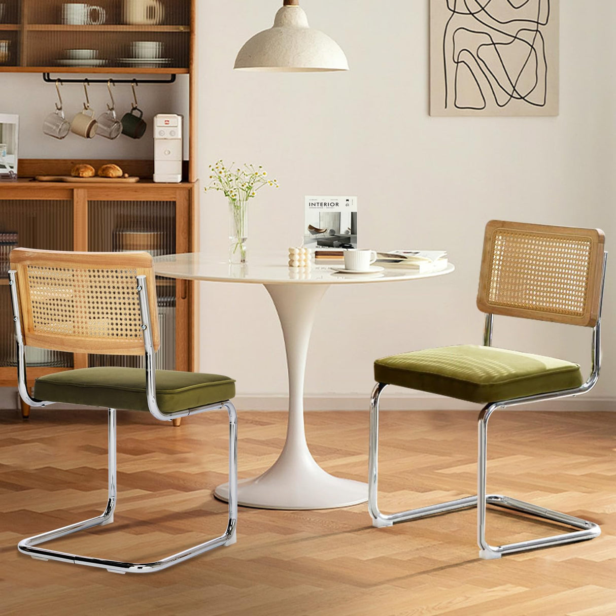 SOARMOTE Rattan Dining Chairs Set of 2,Upholstered Mid-Century Modern Dining Room Chairs with Cane Backrest,Retro Velvet Kitchen Chairs with Stainless Chrome Base,Green SOARMOTE