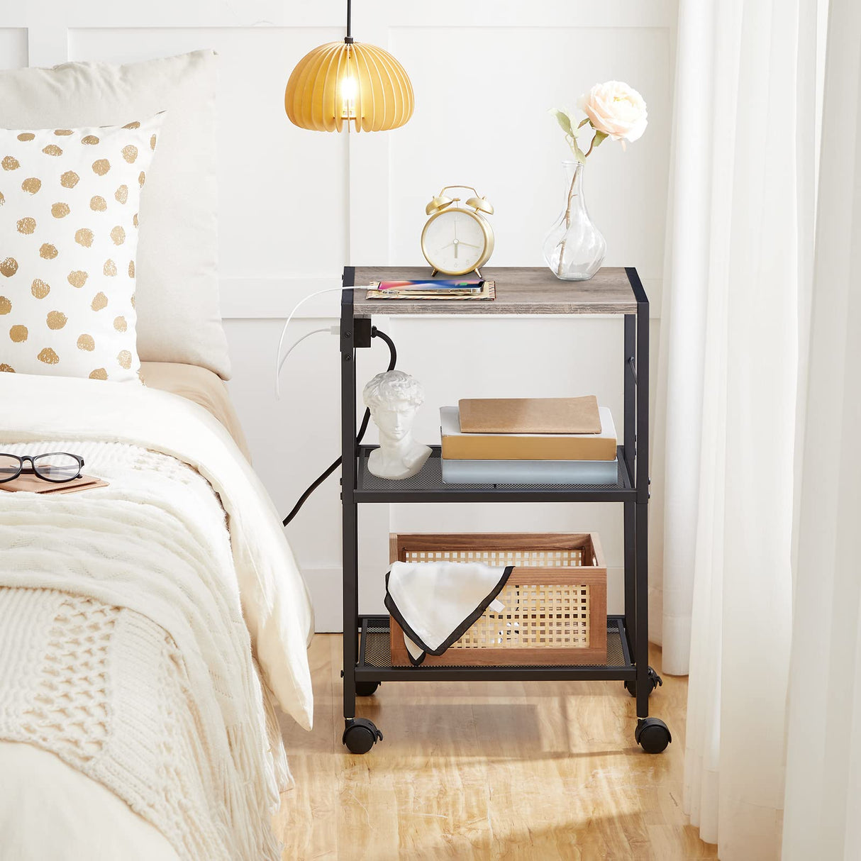 HOOBRO Industrial Printer Stand, 3-Tier Mobile Printer Table, Rolling Cart with Power Outlets and USB Ports, Home Printer Stand with 2 Hooks, for Office, Living Room, Greige and Black BG22UPS01 HOOBRO