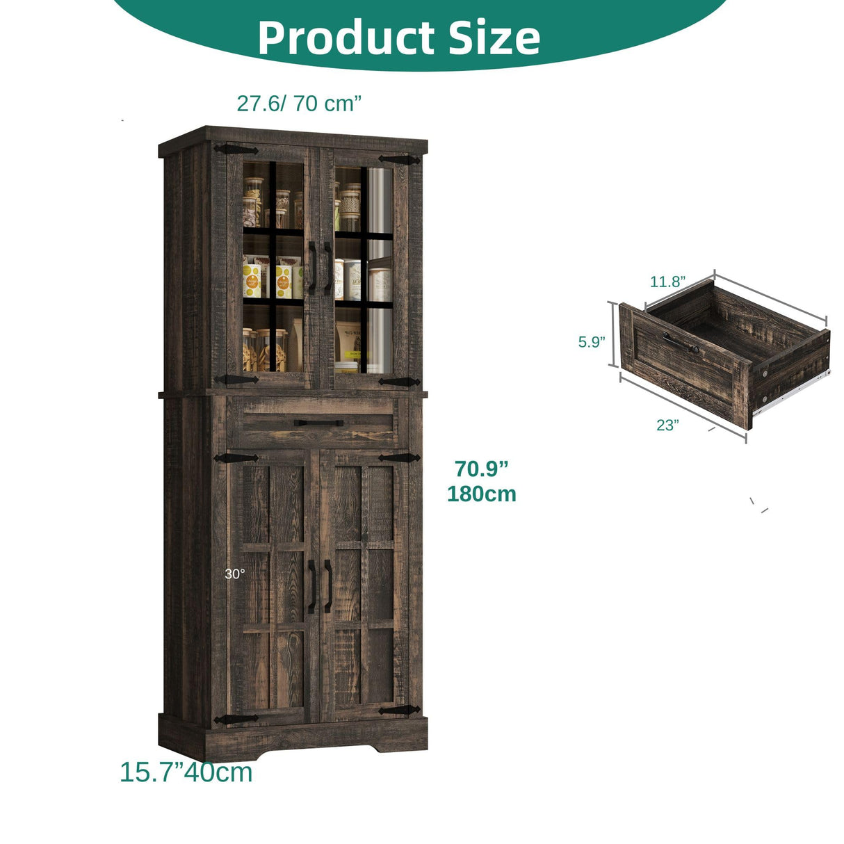 YITAHOME 71" Farmhouse Storage Cabinet, Kitchen Pantry, Wooden, Hutch, Tall Cabinet with 1 Drawers, 5 Storage Shelves, Freestanding for Living Room, Kitchen with 2 Doors Rustic Dark Brown YITAHOME
