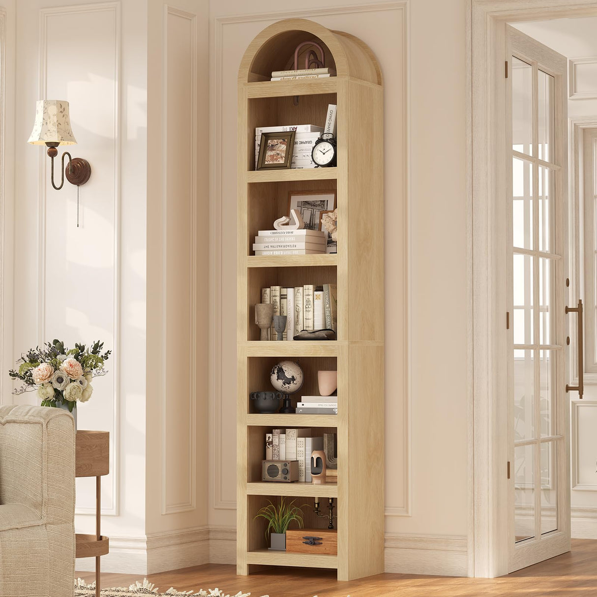 UPOSOJA 76" Tall Narrow Arched Bookcase,7-Teir Mid-Century Modern Bookshelf,Adjustable Shelves offering More Storage Space for Living Room,Kitchen,Home Office,Oak UPOSOJA