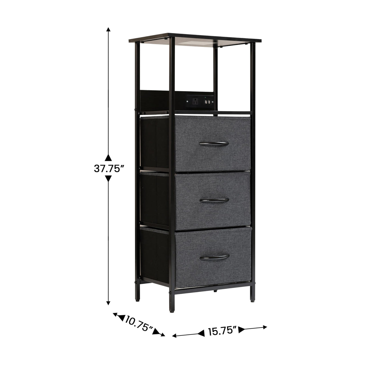 Flash Furniture Sodano 3 Nightstand with Charging Station, 2 USB Ports and 1 Outlet, Metal, Engineered Wood Top, Handles, Set of 1, Charcoal Drawers/Black Frame Flash Furniture