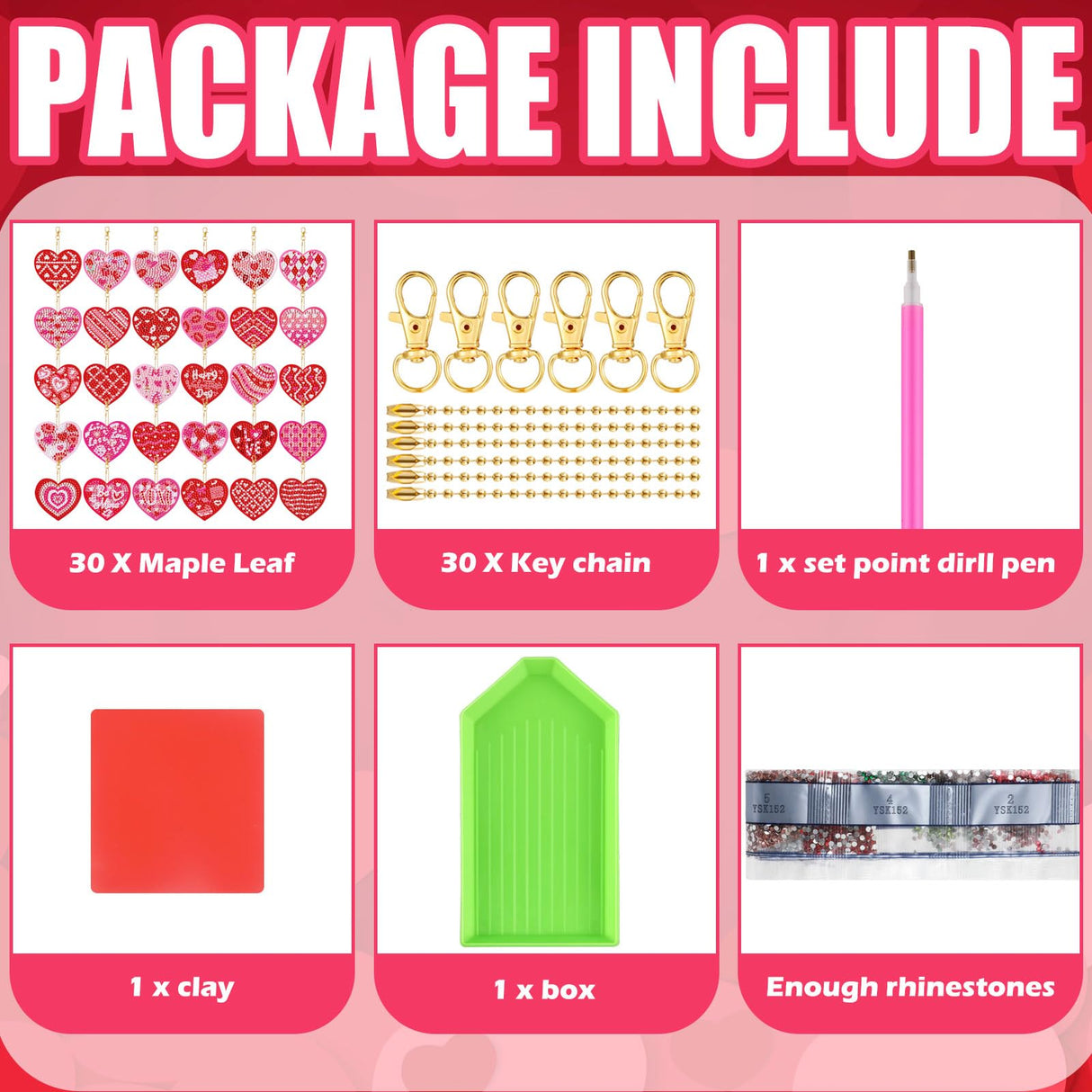 WILLBOND 30 Pcs Double Sided Diamond Art Keychain Ornaments DIY Diamond Painting Keychain Kits for Adults Key Ring Art Pendant Decor (Pink Heart) WILLBOND