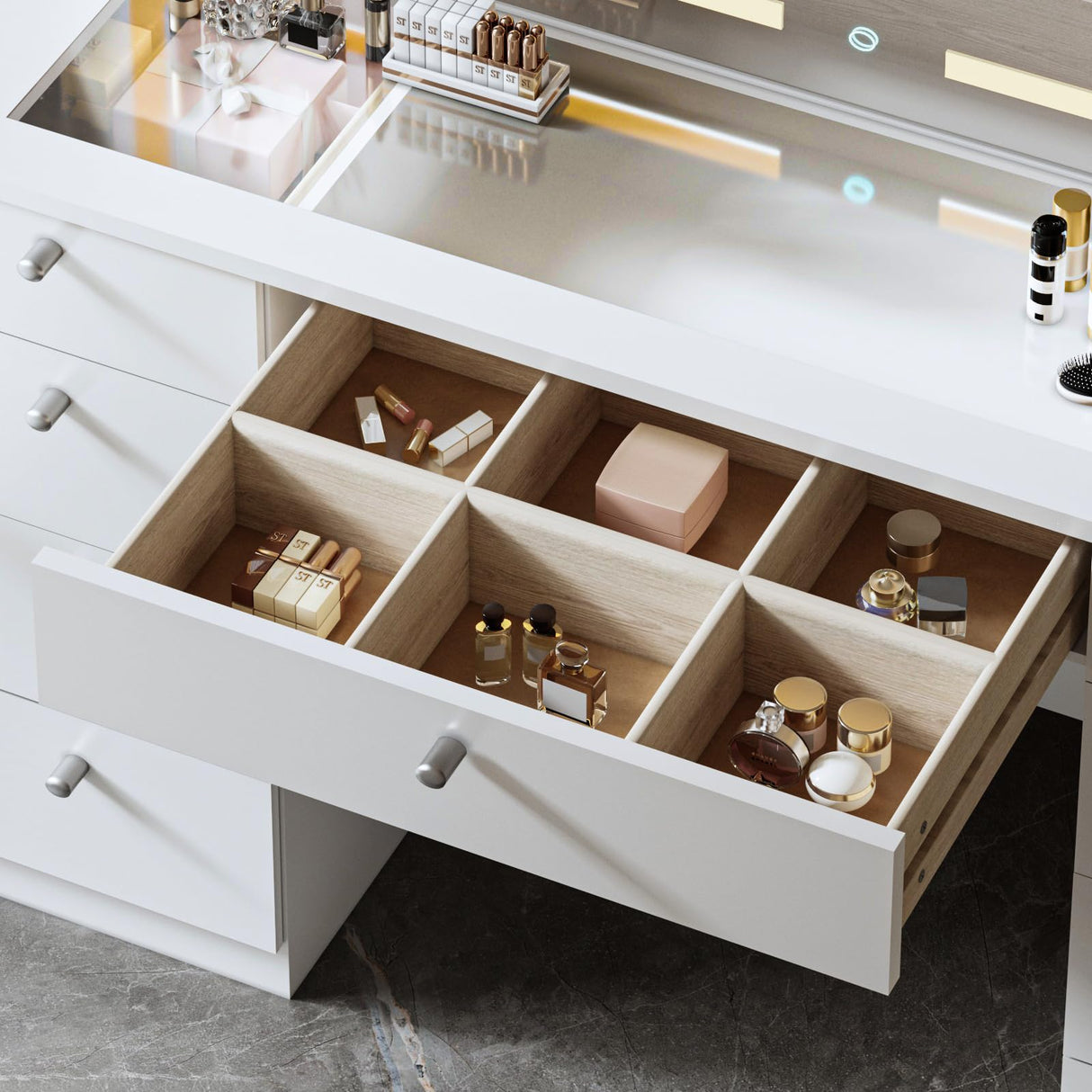 JassmiPkwy 46 INCH Makeup Vanity Desk with Mirror - Glass Tabletop Vanity Table with Lights, Drawers, Power Outlet, Large Storage Desk for Bedroom, White JassmiPkwy