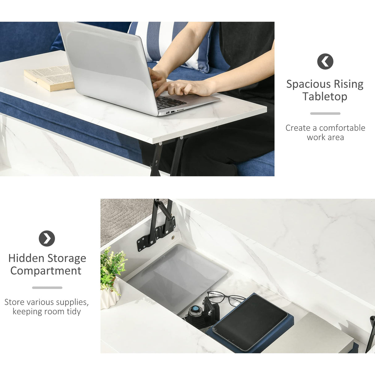 HOMCOM Modern Lift Top Coffee Table with Hidden Storage Compartment and Metal Legs, for Living Room, Home Office, White HOMCOM